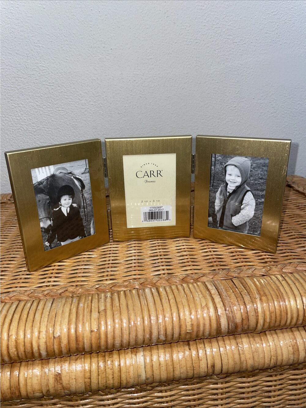 Carr, Folding Gold Tone Hinged 2.5x3.5 Photo Frames Holds 3 Photos NEW